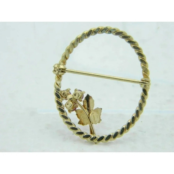 VTG DCE DEC 1/20 14kt Gold Filled Red Rhinestone Flower Leaf Circle Pin Brooch - Picture 2 of 3